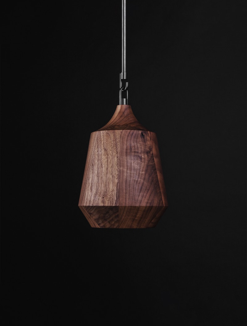 Paragon Pendant shown in Blackened Brass, and Black Walnut